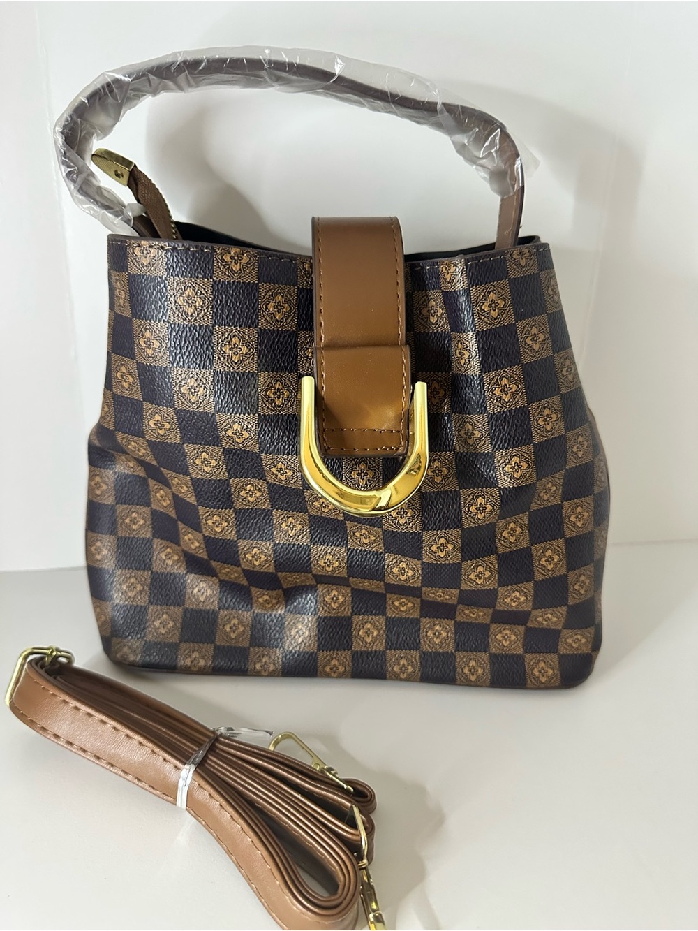 Brown Checkered Women's Handbag with Gold Accent